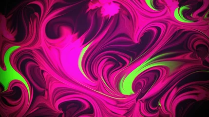 Zelfklevend Fotobehang Vivid neon pink and green swirls dance across a dark backdrop, creating a mesmerizing abstract landscape that evokes a sense of movement and energy. © Oksana Smyshliaeva