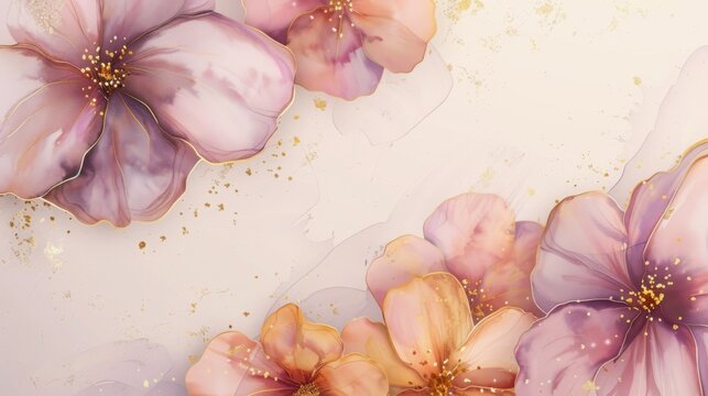 Lavender and peach watercolor flowers blend against a creamy background, their edges kissed with gold, creating a tranquil scene for Mother's Day.