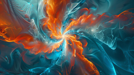 Abstract fractal shape in orange and blue colors background. Generative Ai