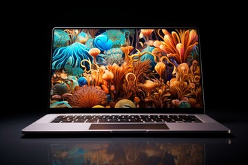 Innovative Laptop product photo with abstract screen display. New computer technology advertising photography. Generate ai
