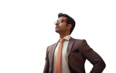 Confident man in suit and tie poses with hands on hips