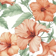 This seamless floral pattern showcases soft watercolor hibiscus in trendy red hues, offering a sense of tranquility and style for decor and fashion.