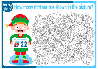 Count how many mittens are hidden in the picture. How many objects are there in the picture? Educational game for children. Colorful cartoon characters. Funny vector illustration.