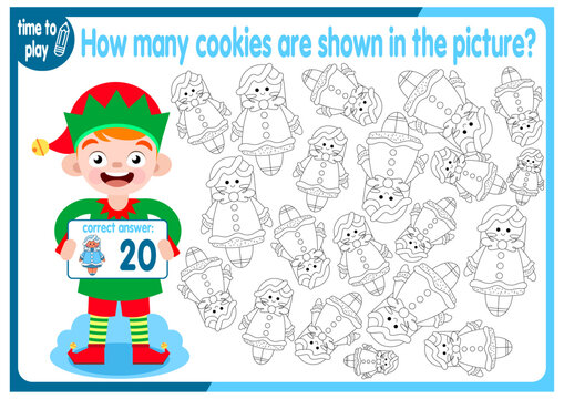 Count how many cookies are hidden in the picture. How many objects are there in the picture? Educational game for children. Colorful cartoon characters. Funny vector illustration.