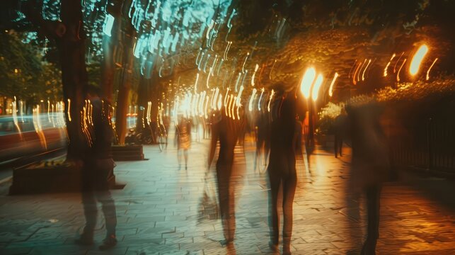 Blurred image of people enjoying a night out in the park .