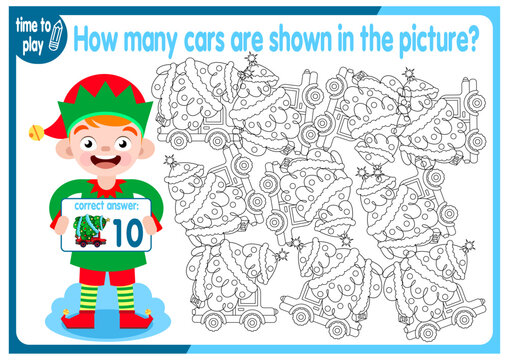 Count how many cars are hidden in the picture. How many objects are there in the picture? Educational game for children. Colorful cartoon characters. Funny vector illustration.