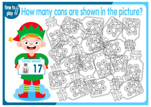 Count how many cans are hidden in the picture. How many objects are there in the picture? Educational game for children. Colorful cartoon characters. Funny vector illustration.