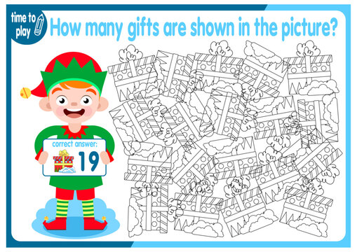 Count how many gifts are hidden in the picture. How many objects are there in the picture? Educational game for children. Colorful cartoon characters. Funny vector illustration.