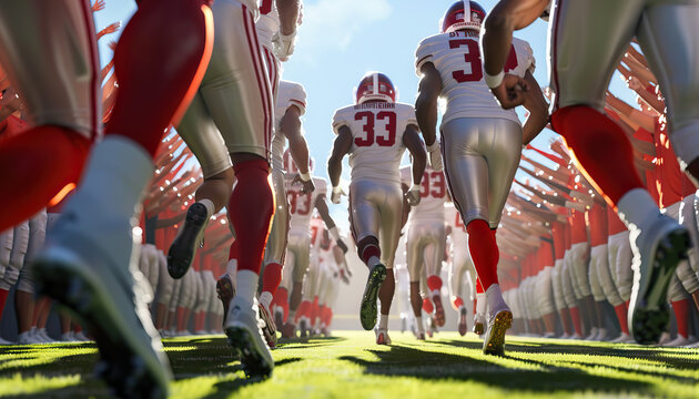 A team running onto the field through a tunnel of cheering fans, energized for the game ahead