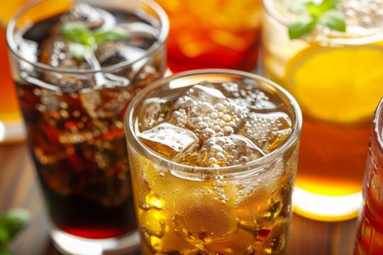 Assorted Refreshing Cold Drinks with Ice Cubes in Glasses on Sunny Outdoor Table