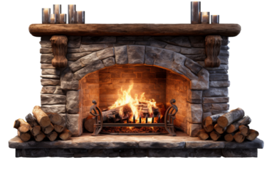 A crackling fire burns brightly in a fireplace filled with logs