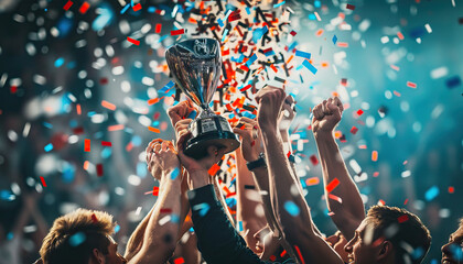 A team celebrating with the championship trophy after winning the big game, with confetti raining down
