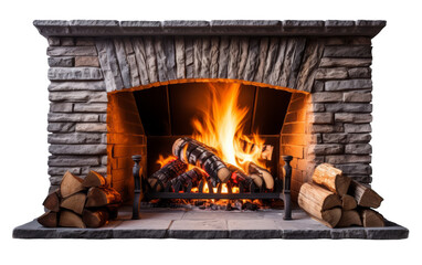 A roaring fire burns brightly in a fireplace surrounded by stacked logs