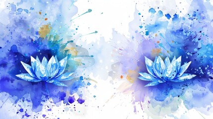 Abstract watercolor and ink splatters create a dynamic backdrop for two vividly blue lotus flowers, evoking a burst of creativity and life.