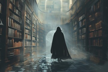 Cloaked figure in mysterious library hallway with misty,atmospheric environment - obrazy, fototapety, plakaty