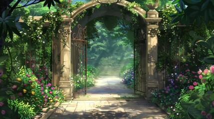 Fototapeta na wymiar A welcoming garden gate beneath a floral archway leads to a sunlit path embraced by an array of stunning flowers and foliage.