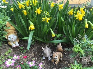水仙とネコとウサギとリスの置物