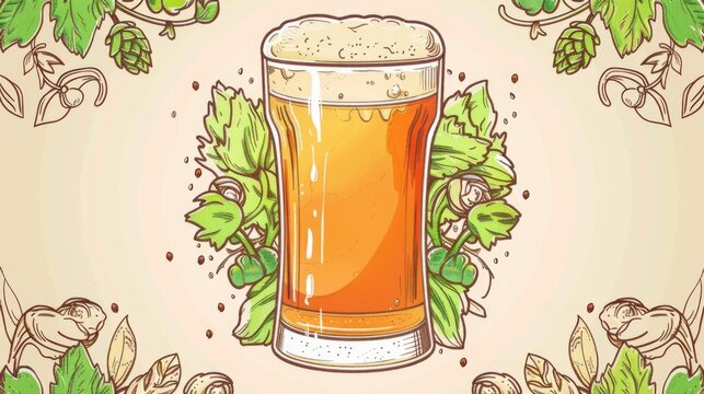 A refreshing pint of beer with a rich foam head spilling over, framed by detailed hop illustrations, capturing the essence of a brewery.