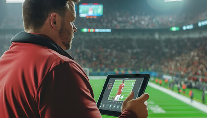 A coach reviewing game footage on a tablet device during a break, analyzing strategies and player performances