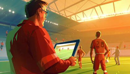 A coach reviewing game footage on a tablet device during a break, analyzing strategies and player performances