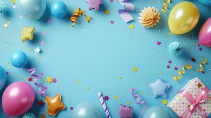 Birthday party background with copy space. Holiday frame with colorful balloon, gift, confetti and streamer. Top view.