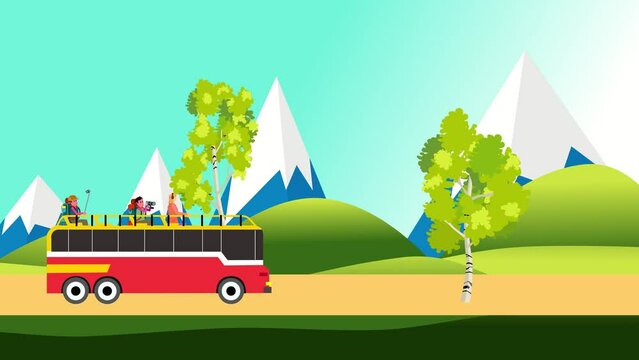 4k cartoon animation  of Bus with tourists driving on countryside landscape  trees  blue sky with the clouds