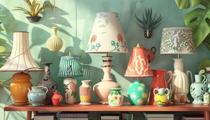 A display of unique and quirky home decor items, such as vintage lamps and ceramic figurines - obrazy, fototapety, plakaty