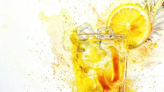 A glass of orange juice with ice cubes and a slice of lemon. The image has a bright and refreshing mood, with the ice cubes and lemon adding a touch of coolness and tanginess to the drink
