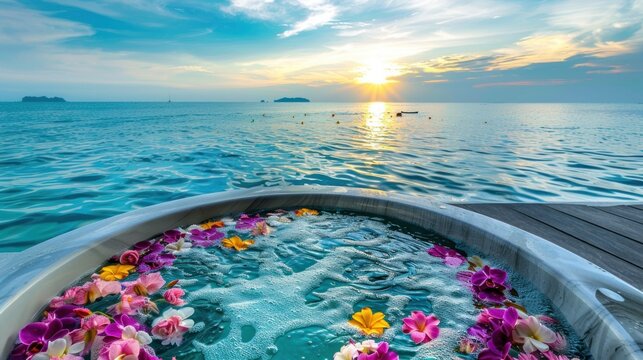 Luxurious bathtub with colorful flowers with sea and sky views.AI generated image