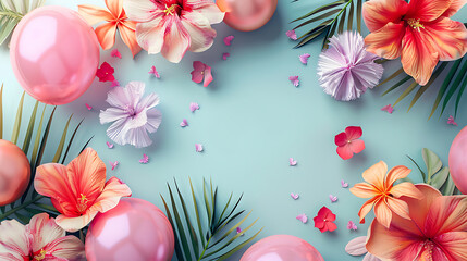 CloseUp Flowers and balloon Holiday concept Banner with place for text. Generative Ai