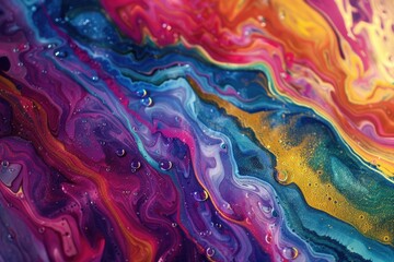 A colorful painting with a lot of water droplets on it. The painting has a lot of different colors and it looks like it's from a watercolor painting