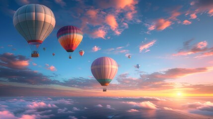 Naklejka premium Colorful hot air balloons soar above a serene sea of clouds against a breathtaking sunset sky, evoking a sense of freedom and adventure.