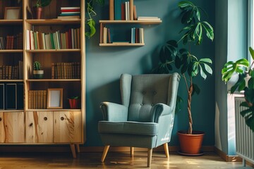 A cozy living room with a blue chair and a potted plant. The room is filled with books and a large bookshelf