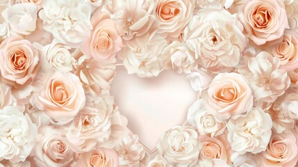 Intricately detailed roses and peonies create a heart-shaped vignette in a dance of blush and white, reflecting the gentle whispers of love