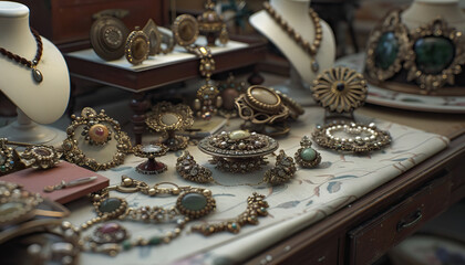 A table showcasing a variety of vintage jewelry pieces and accessories - obrazy, fototapety, plakaty