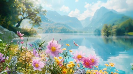 Fototapeta na wymiar A beautiful mountain lake with a field of flowers in the foreground. The flowers are pink and yellow, and the water is calm and clear. The scene is peaceful and serene