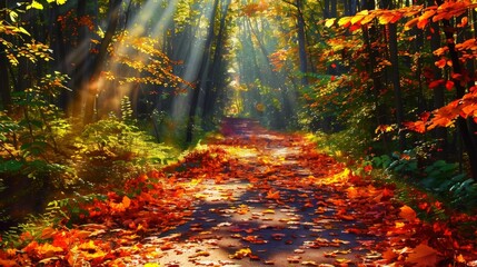 Fototapeta premium Sunrays pierce the canopy of an autumn forest, casting a golden glow over a leaf-strewn path, evoking the essence of fall.