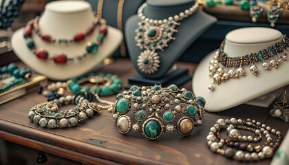 A table showcasing a variety of vintage jewelry pieces and accessories - obrazy, fototapety, plakaty