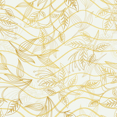 Gold Outline floral seamless pattern with leaves. tropical background	
