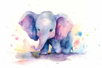 Endearing Watercolor Elephant in Playful Splash of Color - obrazy, fototapety, plakaty