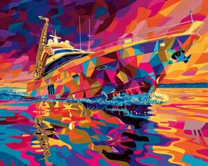 A jazz musician's vacation depicted in a pop art style, where each saxophone note releases a sparkling, high-speed boat cutting through the sea.