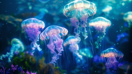 Fototapeta na wymiar Ethereal Jellyfish Dancers Swaying in the Enchanting Depths of the Bioluminescent Ocean