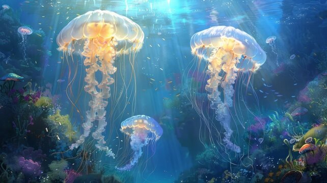 Ethereal Jellyfish Dance in the Depths of the Mystical Underwater World