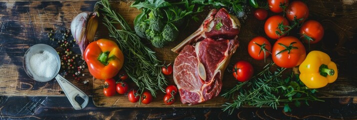 Fresh Assortment of Diverse Vegetables,Herbs,and Meat on Rustic Wooden Background for Homemade Cooking and Healthy Meal - obrazy, fototapety, plakaty