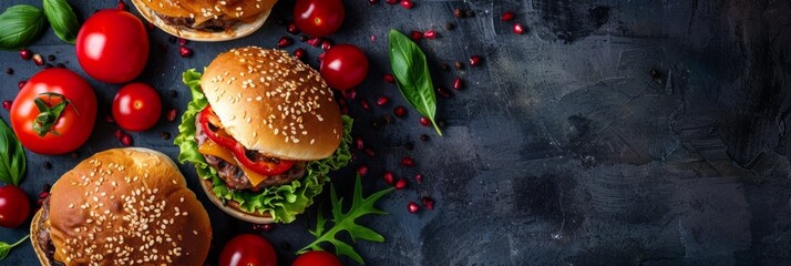 Freshly Prepared Gourmet Burger on Rustic Wooden Surface with Fresh Ingredients - obrazy, fototapety, plakaty