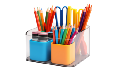 A plastic container filled with an assortment of colorful pencils and markers