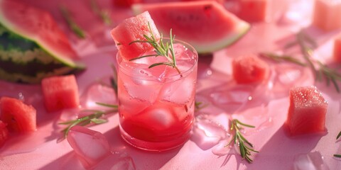 A glass of watermelon juice with a sprig of rosemary on top. The image has a pinkish hue and a light, summery feel