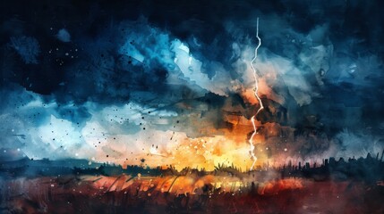 This watercolor captures a tumultuous thunderstorm over golden fields, with a powerful lightning strike dividing the scene into warm earthly tranquility and the cool chaos of the stormy sky.