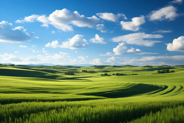 Fototapeta premium Verdant Valleys and Gentle Knolls under a Dynamic Sky