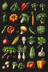 A collection of vegetables and fruits including broccoli, carrots, and peppers. The image is a colorful and vibrant display of healthy food options